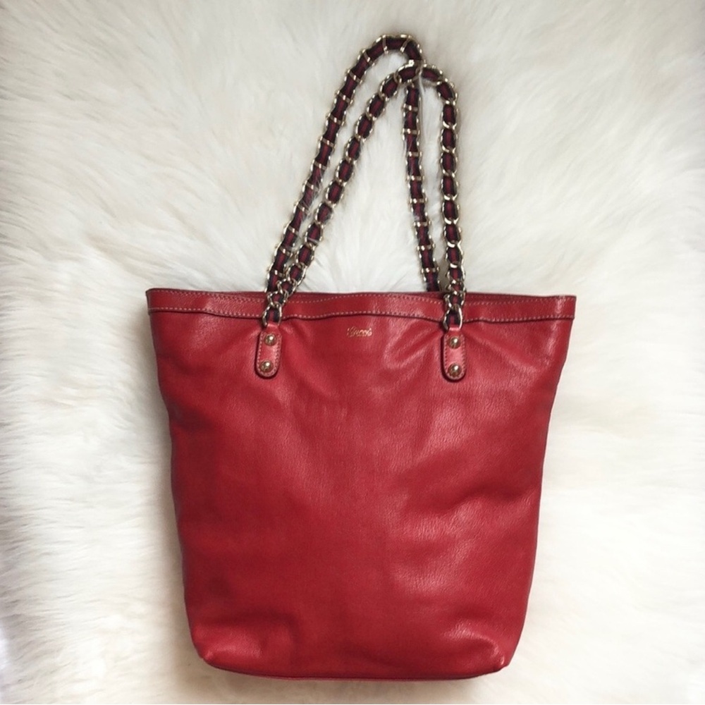Gucci Red Leather Tote Bag Chain Handle